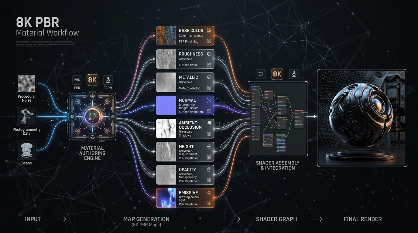 High end abstract visualization of 8K PBR material workflow
