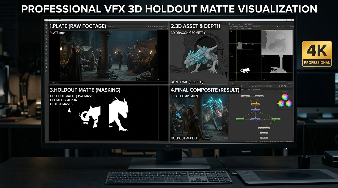 Professional VFX 3D Holdout Matte Visualization
