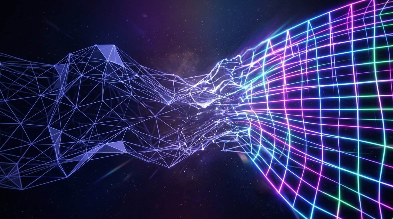 Abstract 3D wireframe mesh transforming into a glowing UV grid