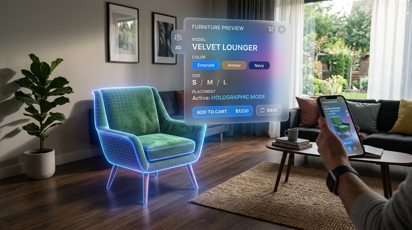 Holographic AR furniture projection with glassmorphism UI