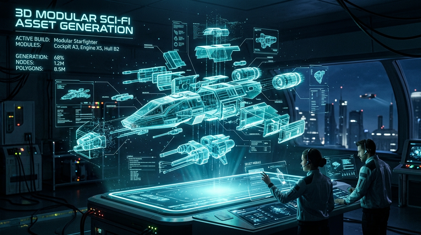 Holographic projection of a 3D modular sci-fi asset generation