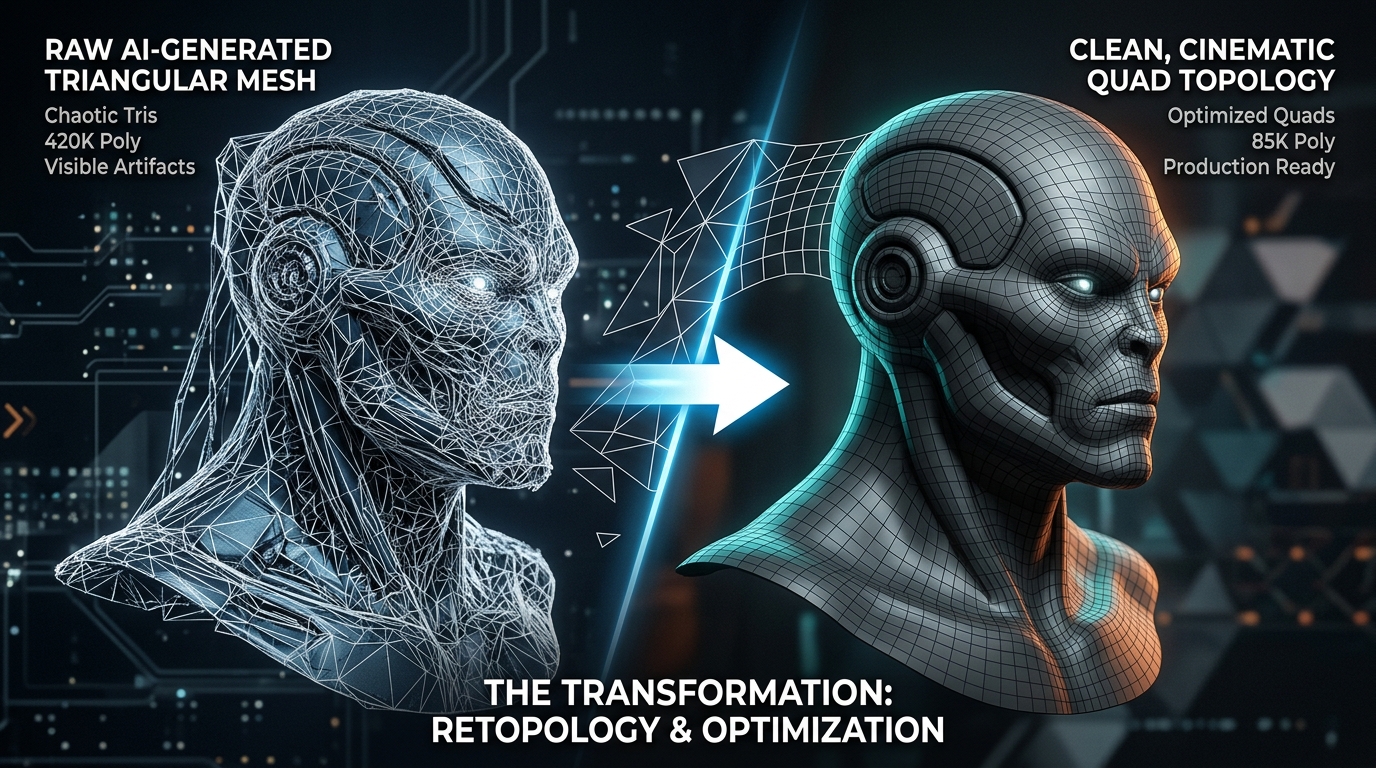 Visualizing the transformation from raw AI-generated triangular mesh to clean, cinematic quad topology