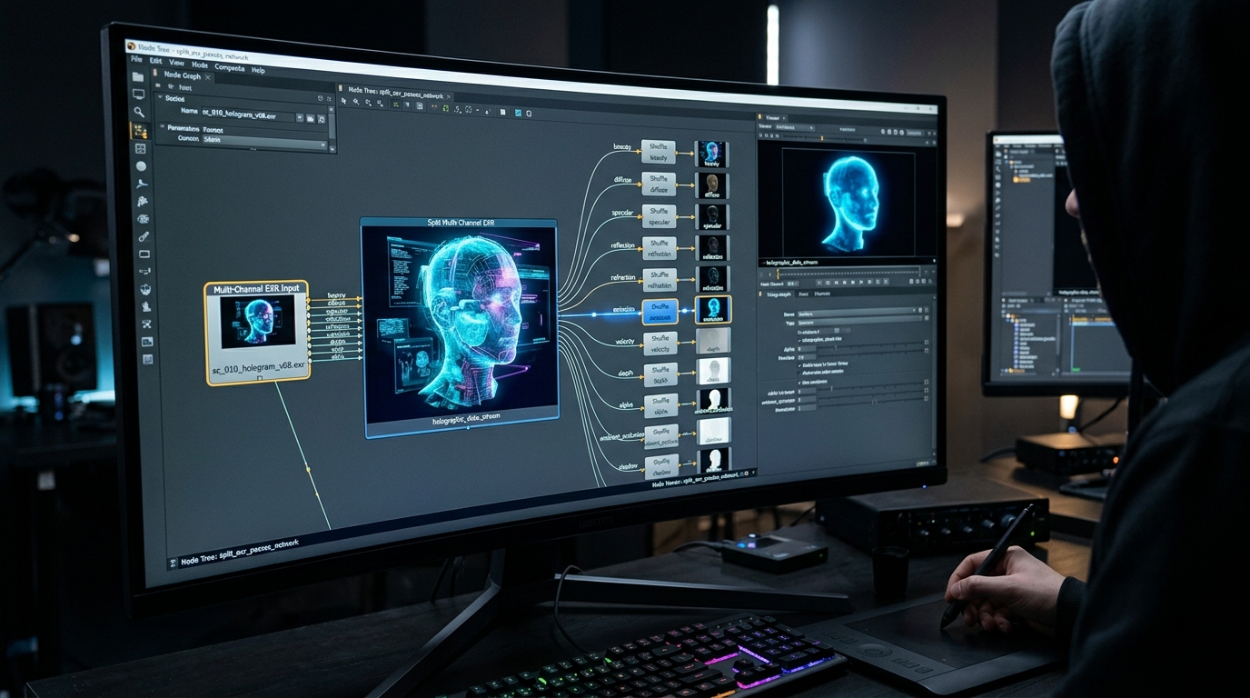Holographic multi-channel EXR passes splitting in a node-based UI