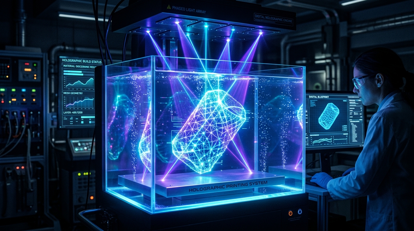 全息 3D 打印过程和发光的数字网格