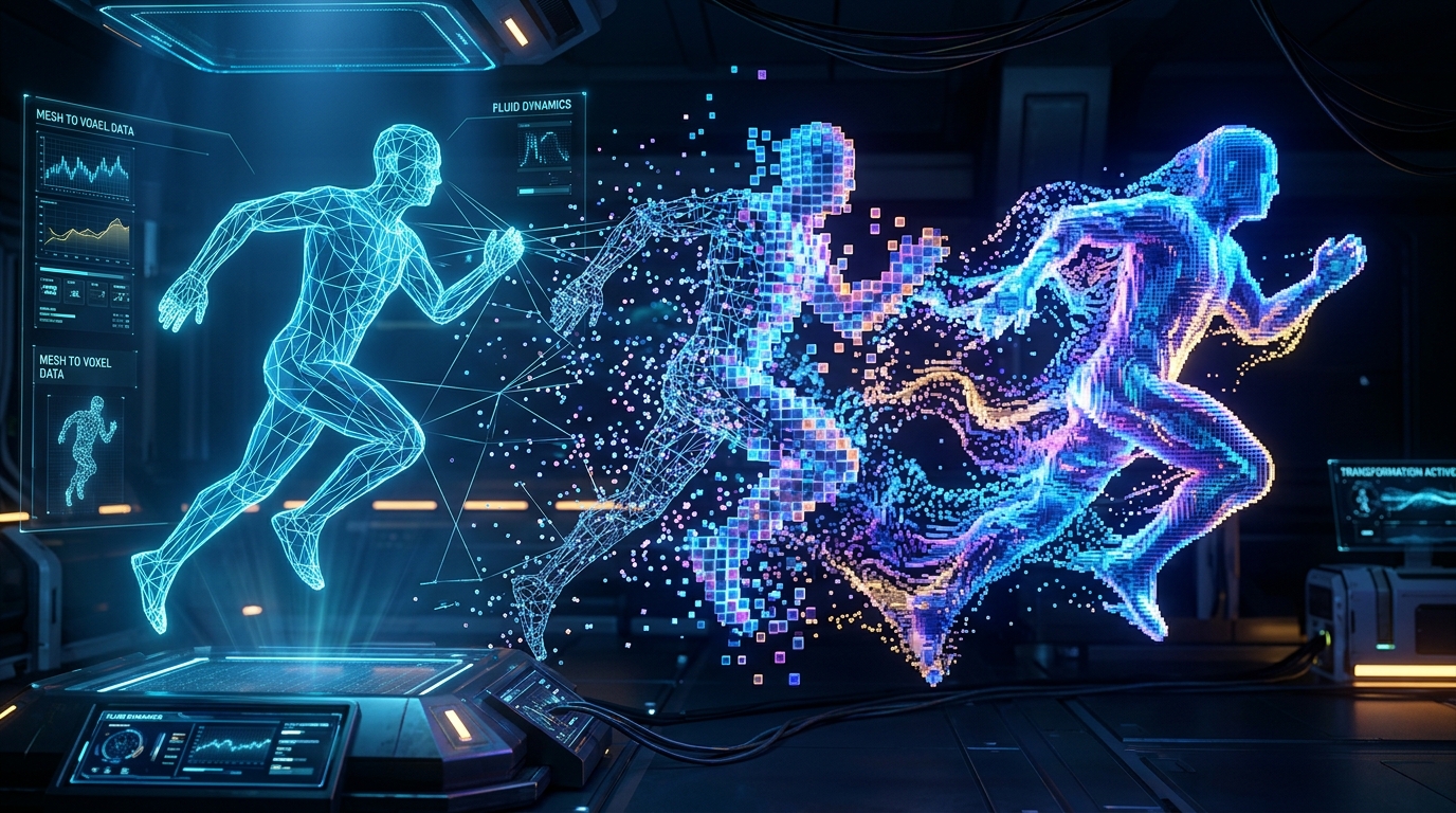 Holographic 3D mesh to fluid voxel transformation