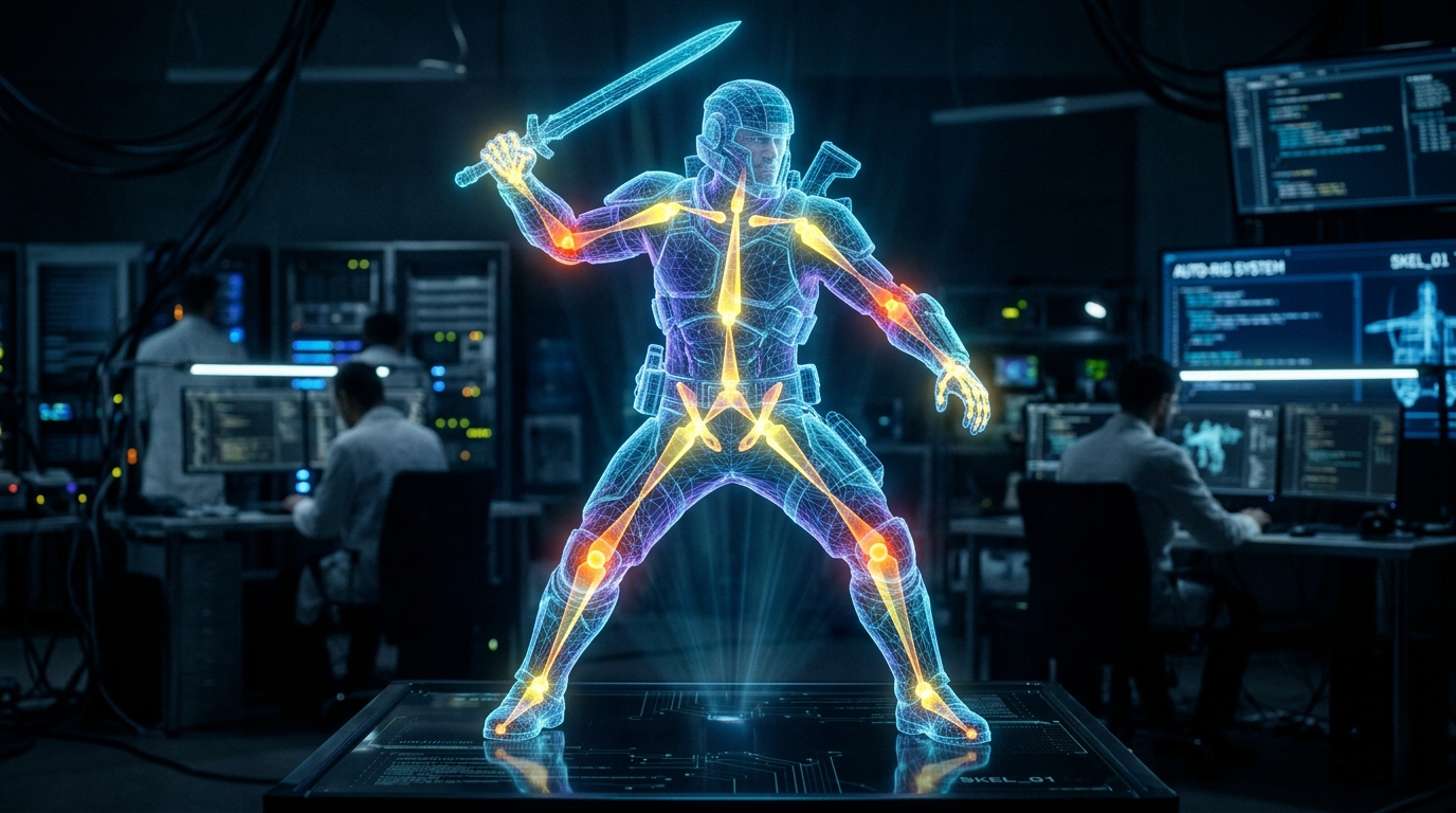 Holographic 3D character mesh with glowing auto-rig skeletal nodes